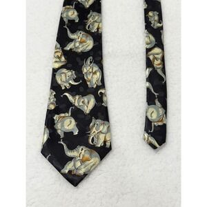 Novelty Elephant Print Necktie Black Beige Whimsical Animal Silk‎ Blend Men